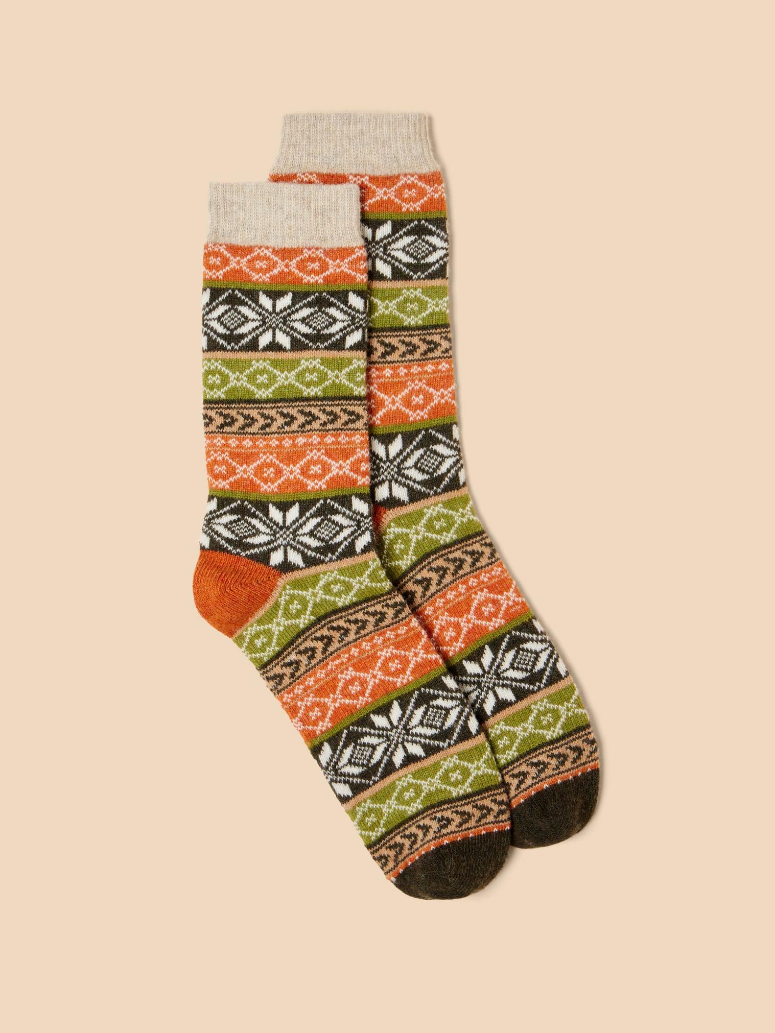 Fairisle Wool Ankle Socks in GREEN MLT - FLAT FRONT