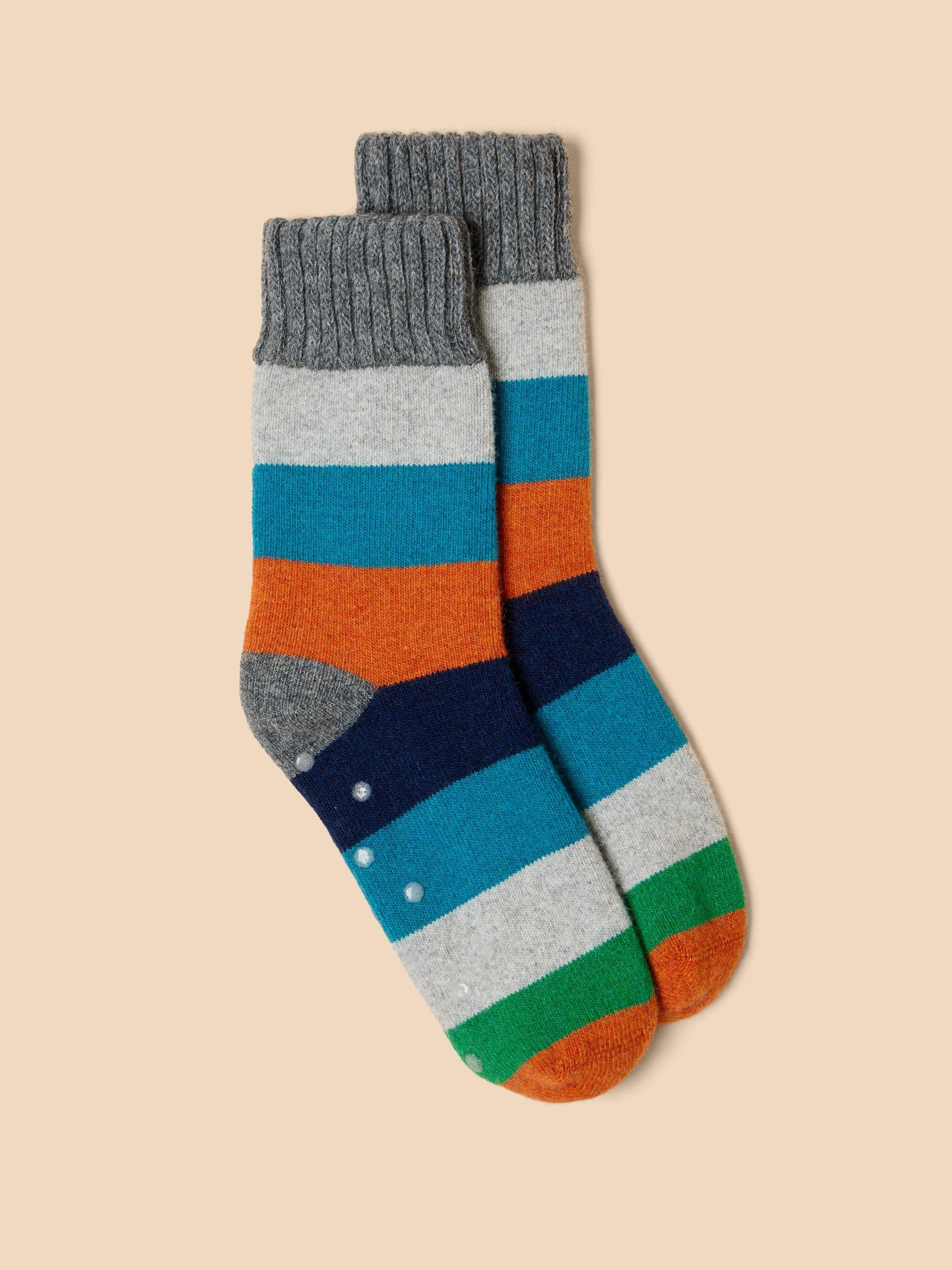 Stripe Loopback Wool Socks in GREY MLT - FLAT FRONT