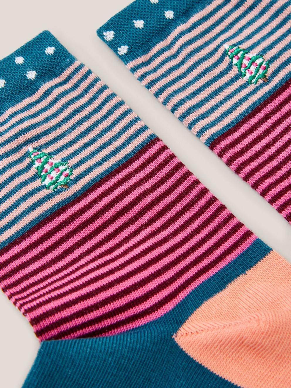 Stripe Xmas Tree Ankle Socks in TEAL MLT - FLAT DETAIL