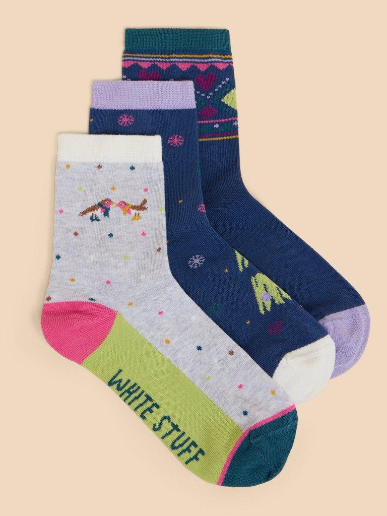 3 Pack Christmas Ankle Socks in TEAL MLT - MODEL FRONT