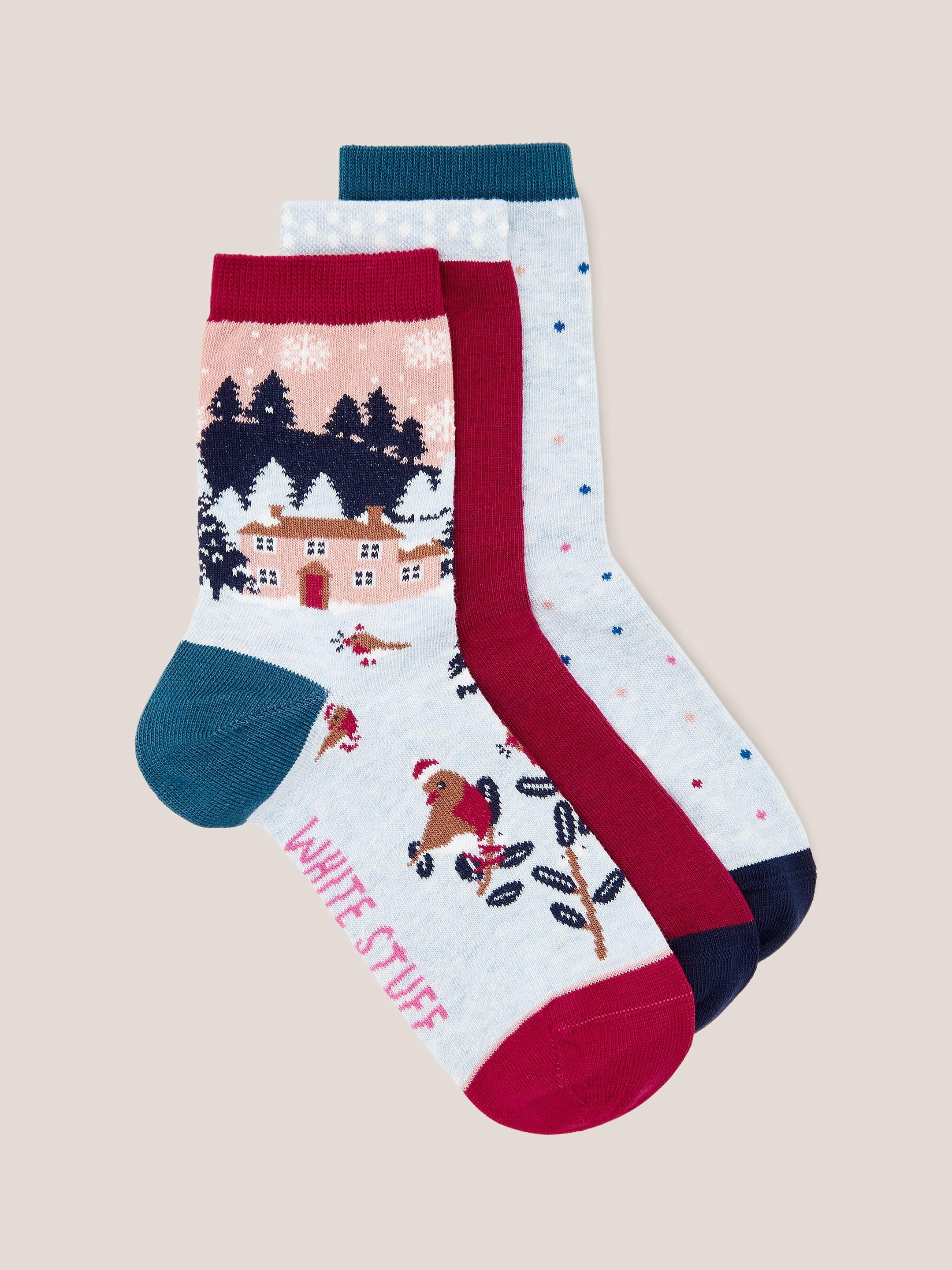 3 Pack Christmas at Home Socks in BLUE MLT - FLAT FRONT