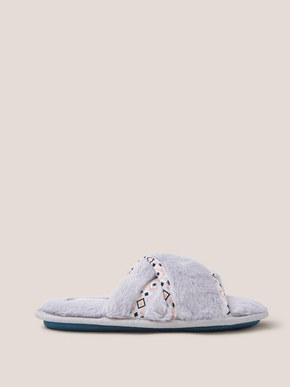 Faux Fur Mule Slipper in MID GREY - MODEL FRONT