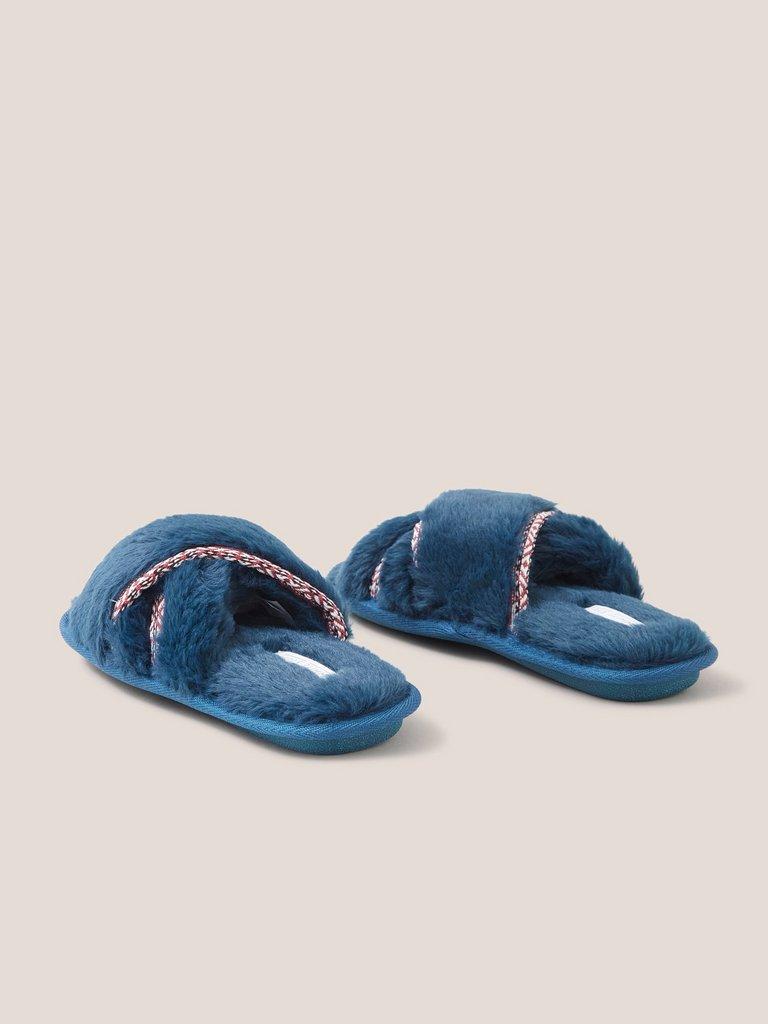 Faux Fur Mule Slipper in MID TEAL - FLAT BACK