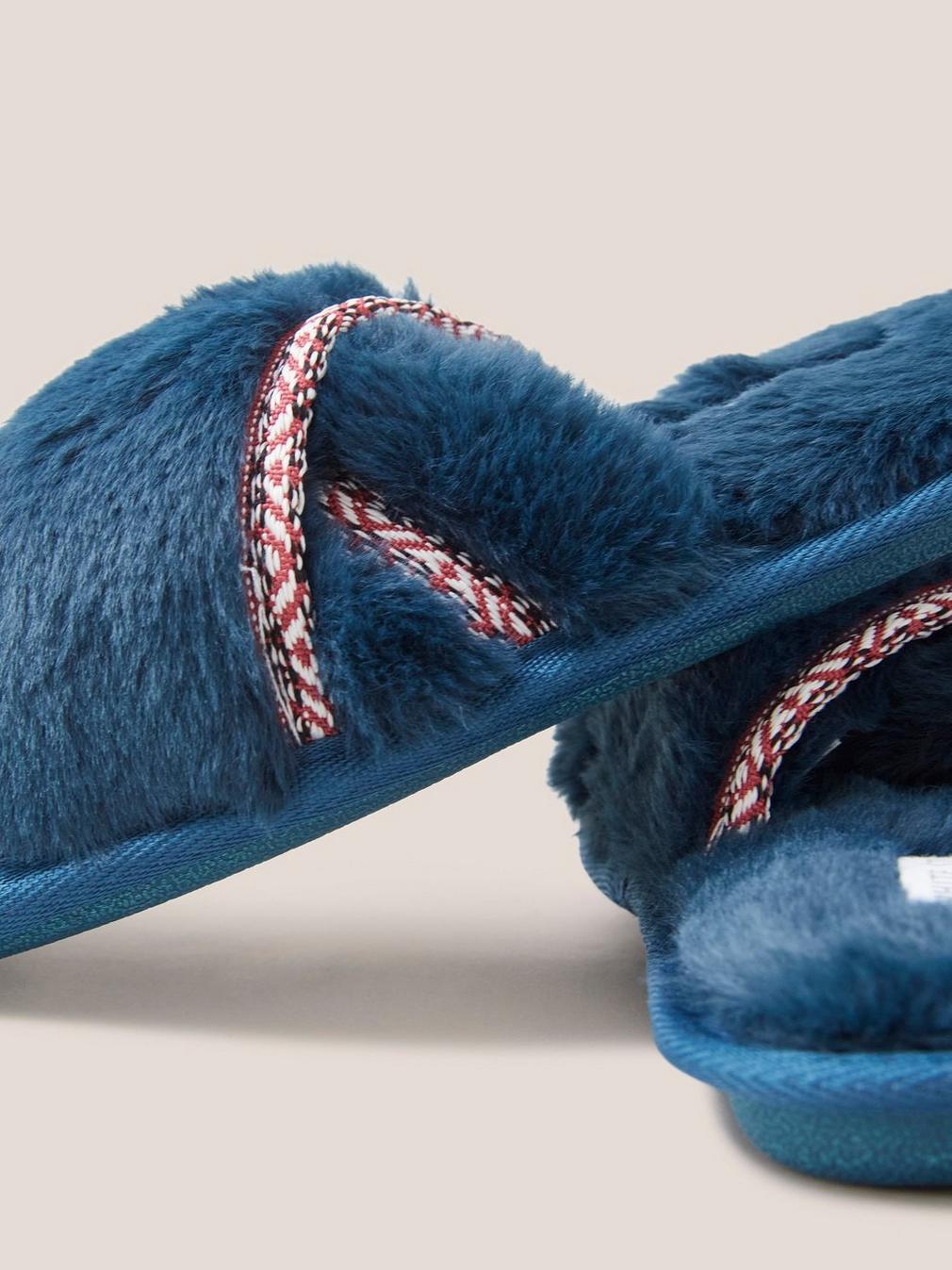 Faux Fur Mule Slipper in MID TEAL - FLAT DETAIL