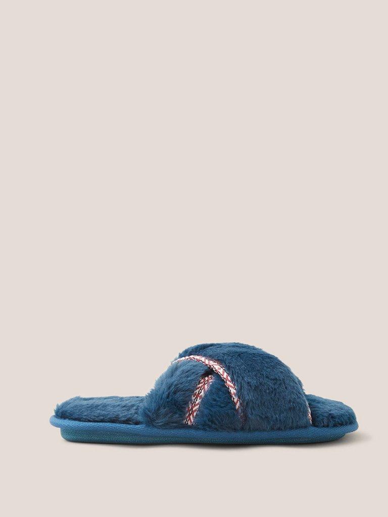 Faux Fur Mule Slipper in MID TEAL - MODEL FRONT