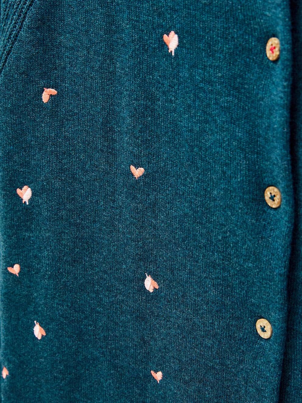 LULU EMBROIDERED LONG SLEEVE CARDI in TEAL MLT - FLAT DETAIL