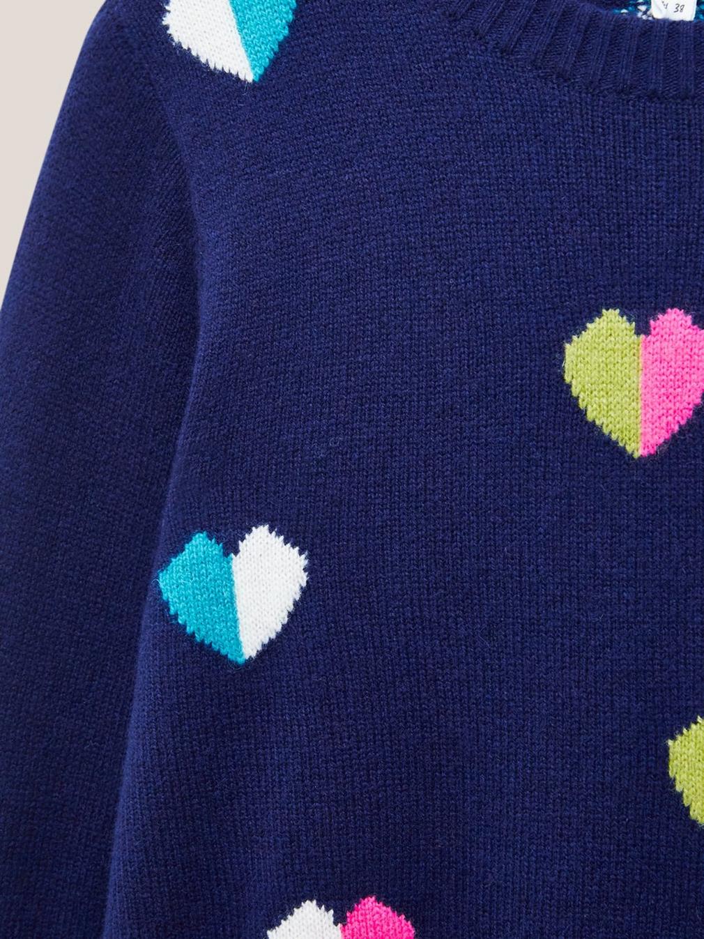 MULTI HEART WOOL JUMPER in NAVY MULTI - FLAT DETAIL