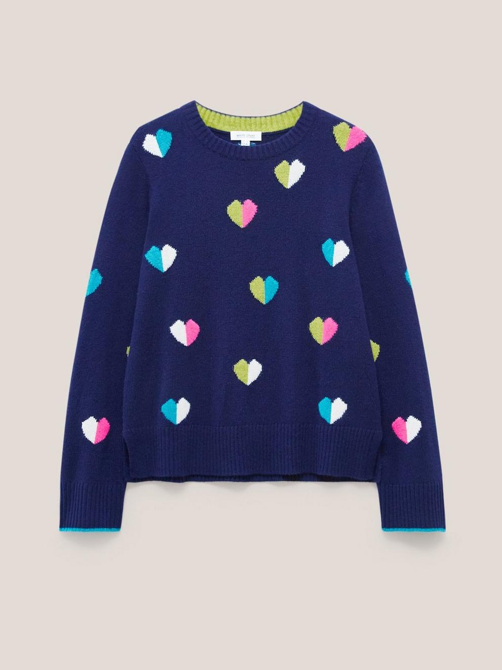 MULTI HEART WOOL JUMPER in NAVY MULTI - FLAT FRONT