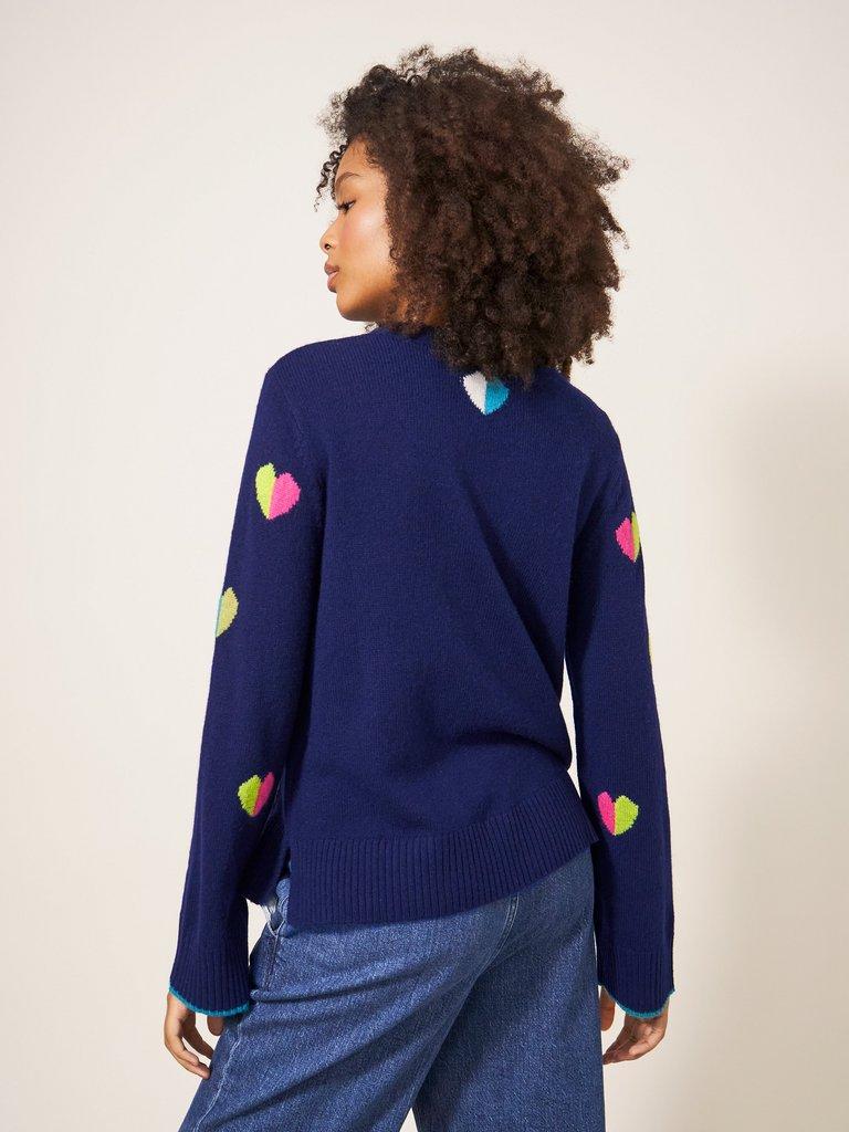 MULTI HEART WOOL JUMPER in NAVY MULTI - MODEL BACK