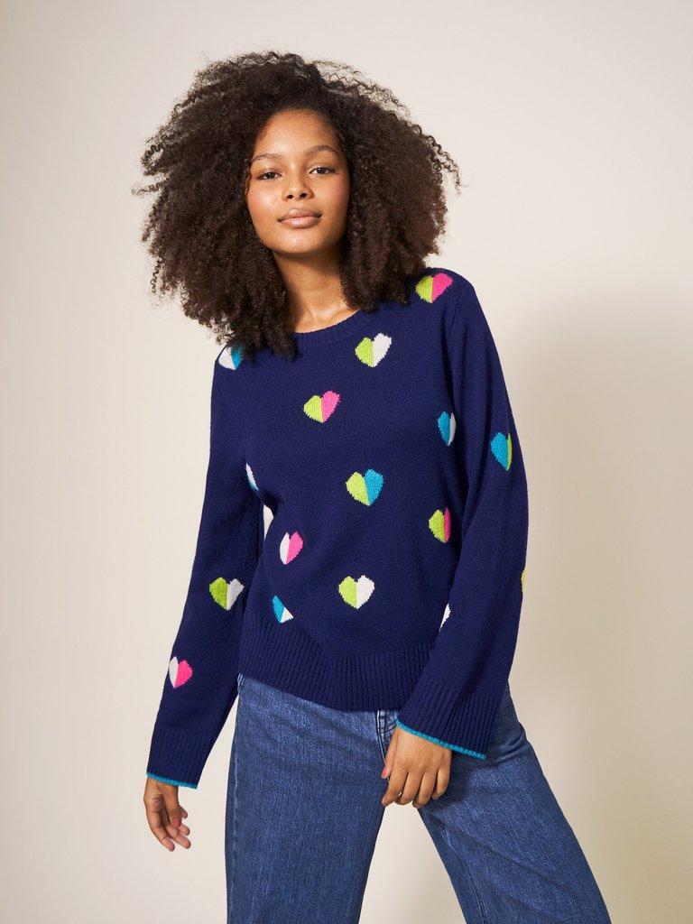 MULTI HEART WOOL JUMPER in NAVY MULTI - MODEL DETAIL