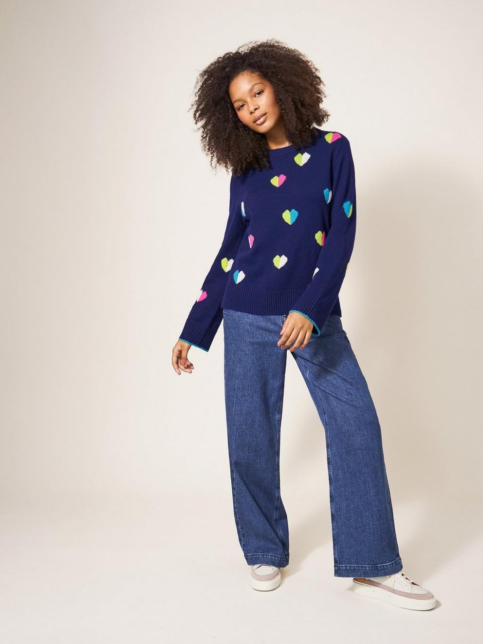 MULTI HEART WOOL JUMPER in NAVY MULTI - MODEL FRONT