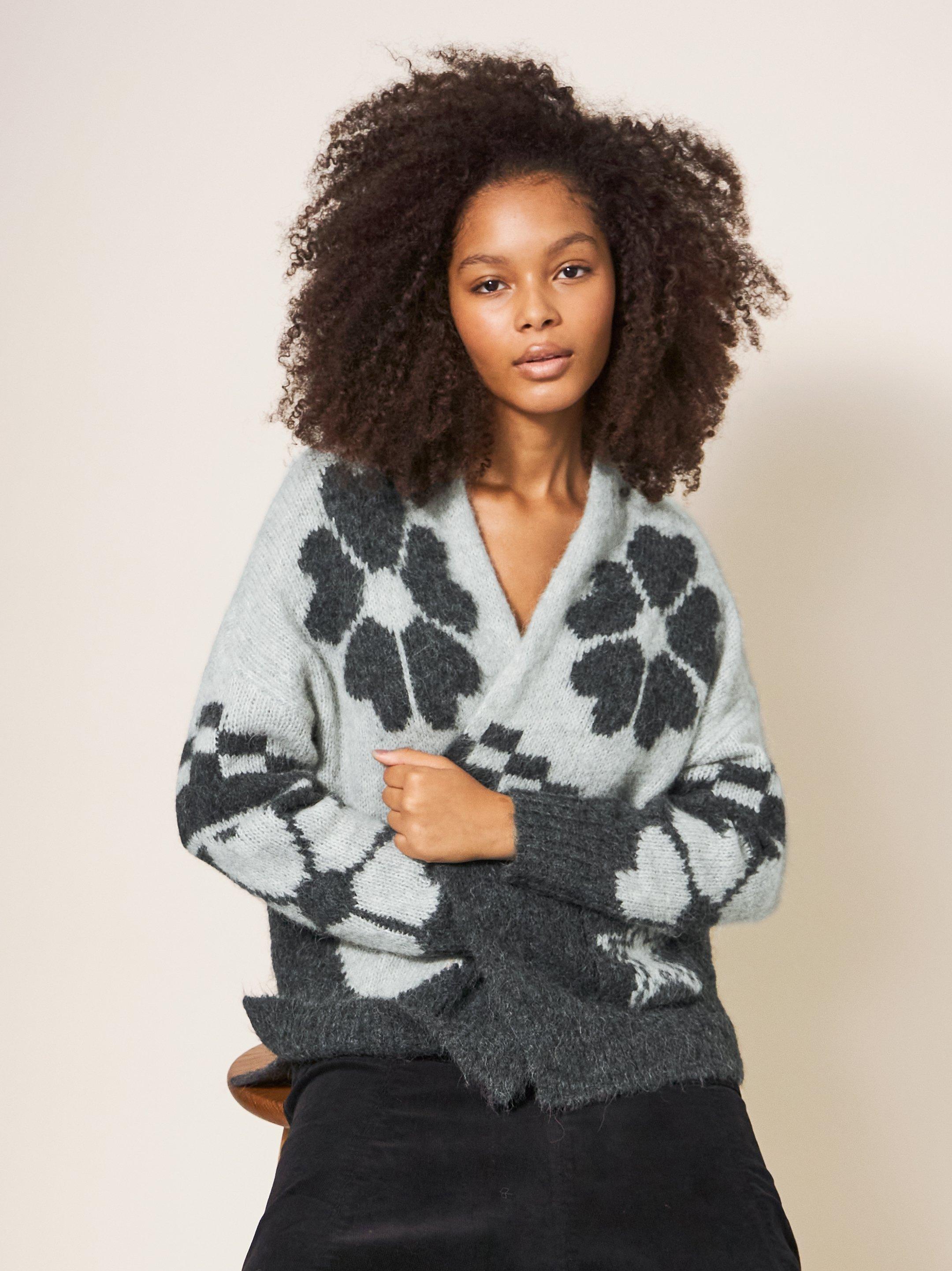 NORDIC FOREST WOOL CARDI in GREY MLT - MODEL FRONT