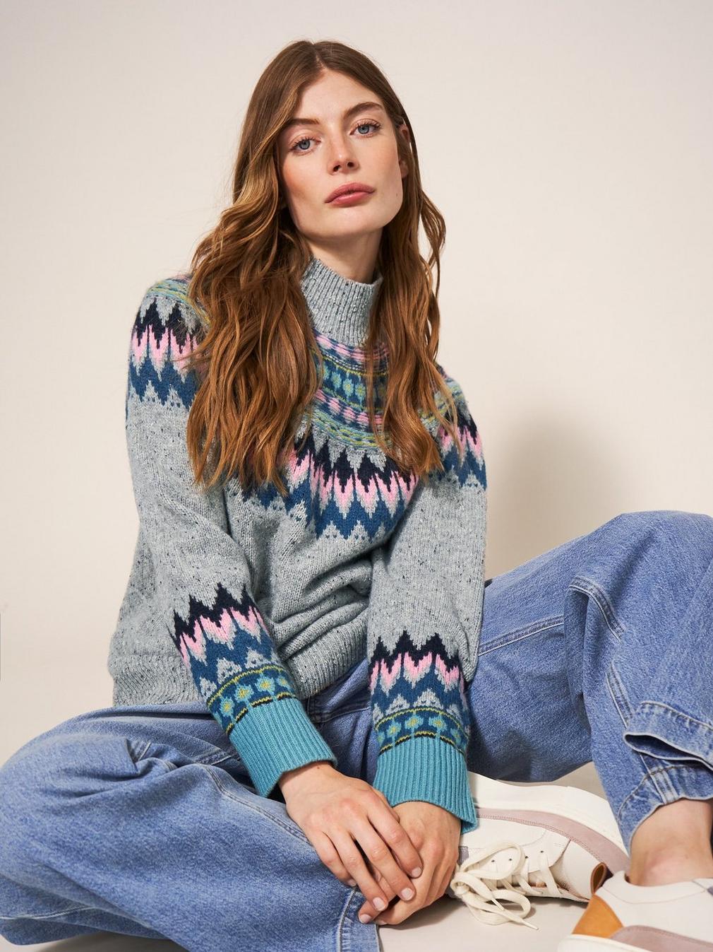 IZZY FAIRISLE JUMPER in GREY MLT - LIFESTYLE