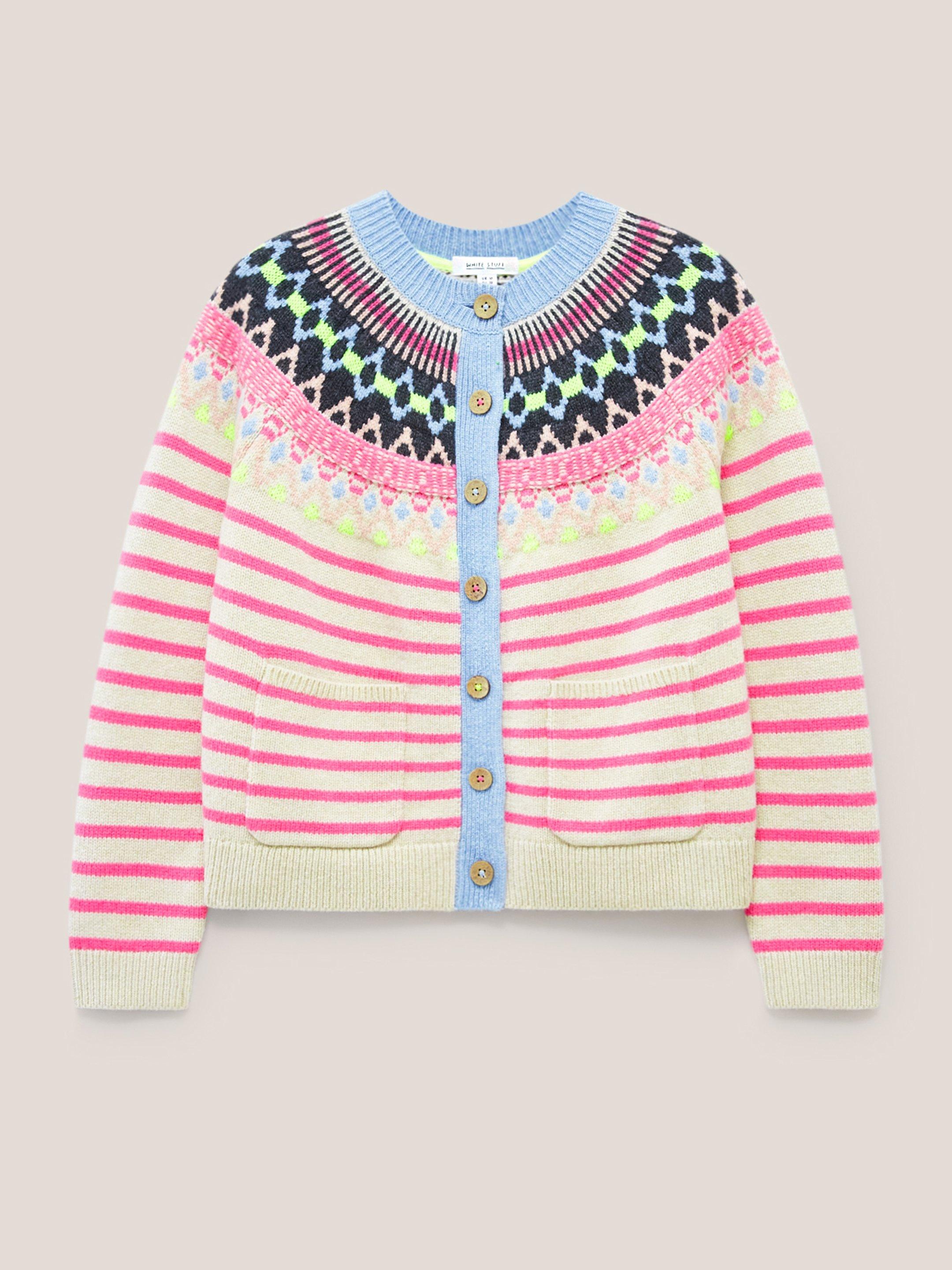 WOODLAND FAIRISLE CARDI in PINK MLT - FLAT FRONT