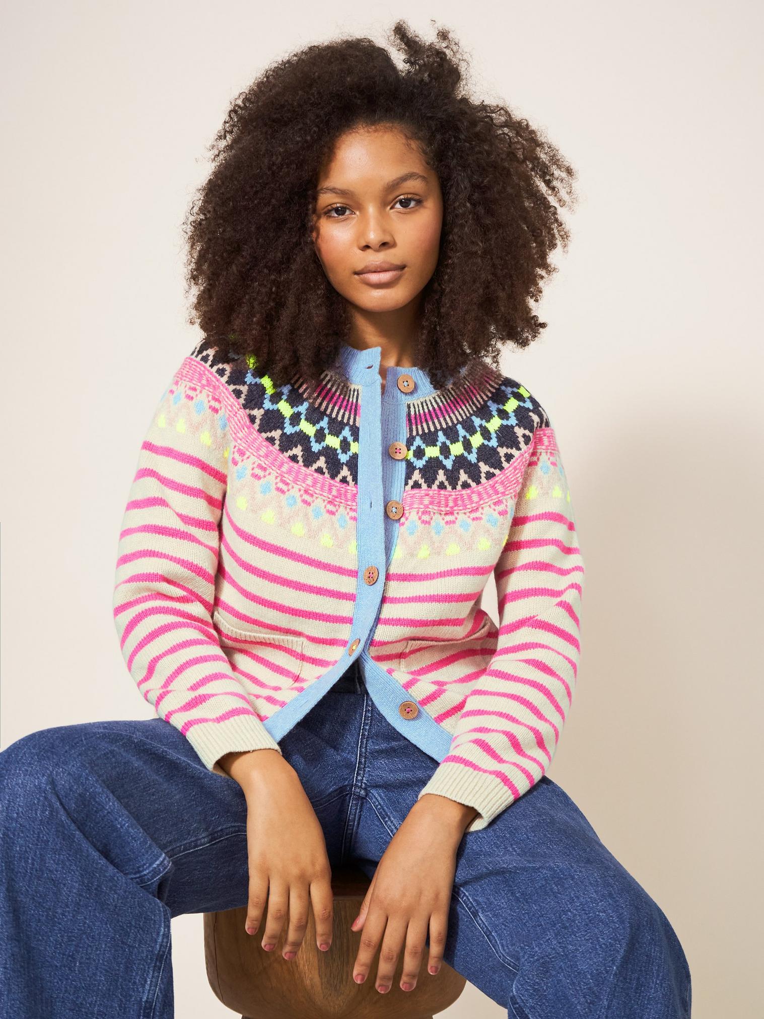 WOODLAND FAIRISLE CARDI in PINK MLT - LIFESTYLE