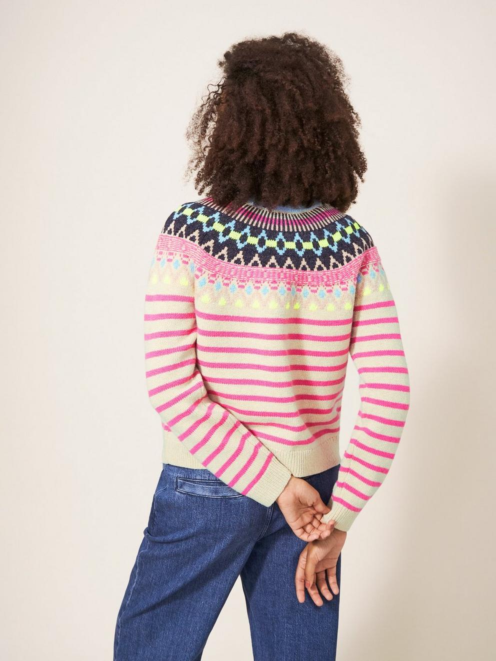 WOODLAND FAIRISLE CARDI in PINK MLT - MODEL BACK