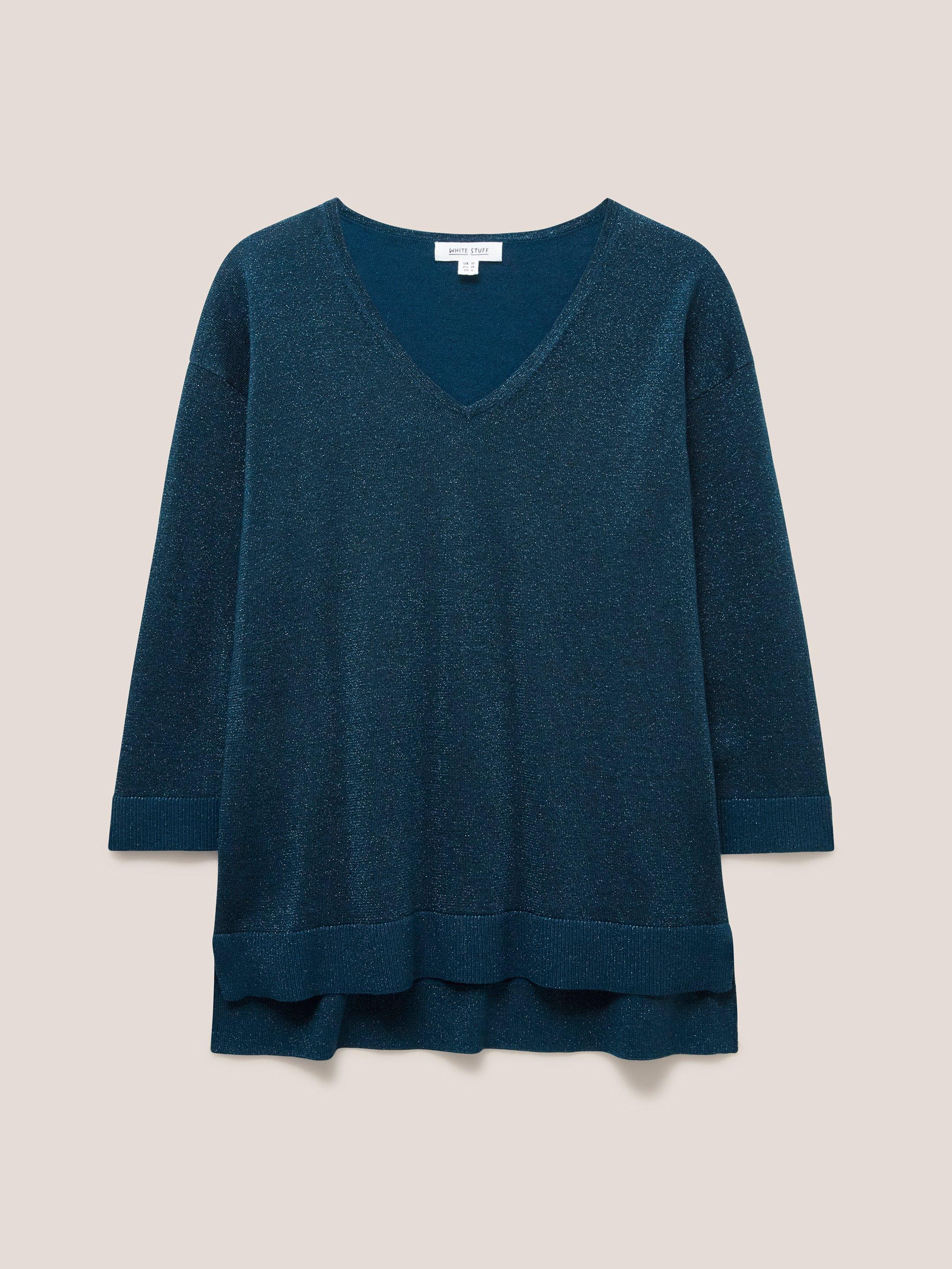 NIGHT SKY V NECK JUMPER in MID TEAL - FLAT FRONT