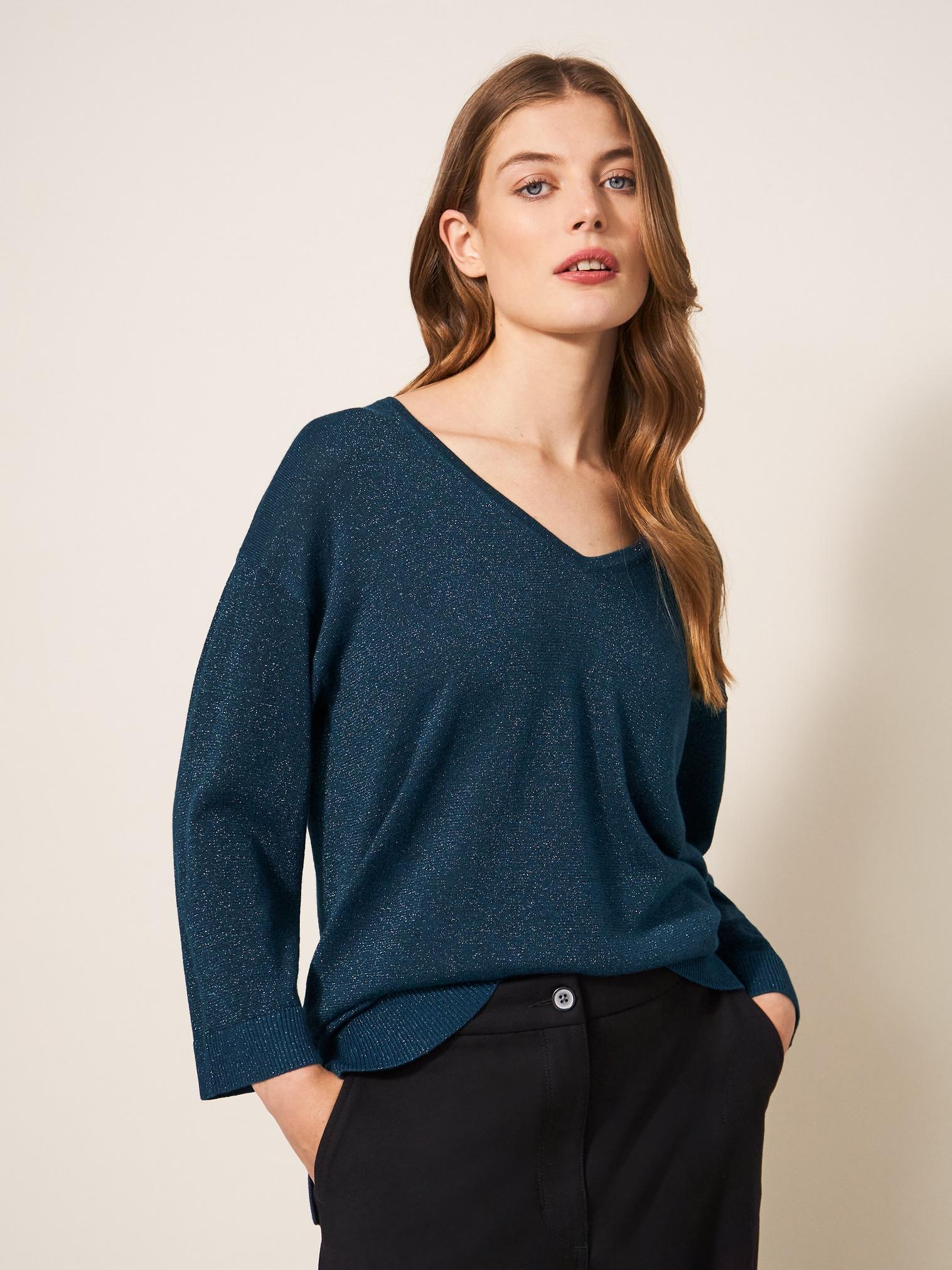 NIGHT SKY V NECK JUMPER in MID TEAL - LIFESTYLE