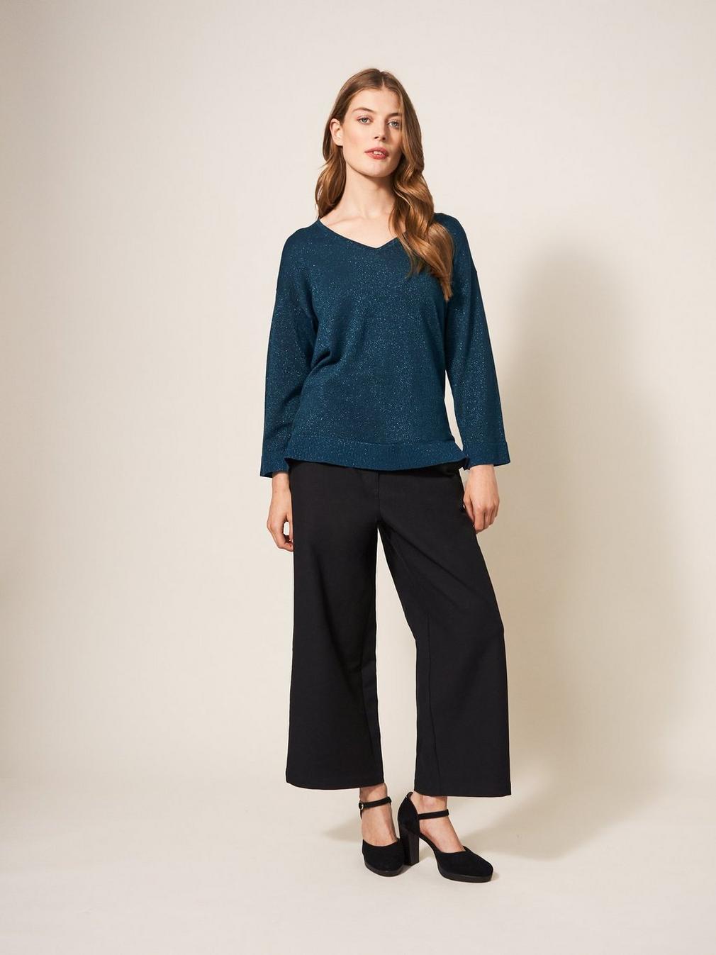 NIGHT SKY V NECK JUMPER in MID TEAL - MODEL DETAIL