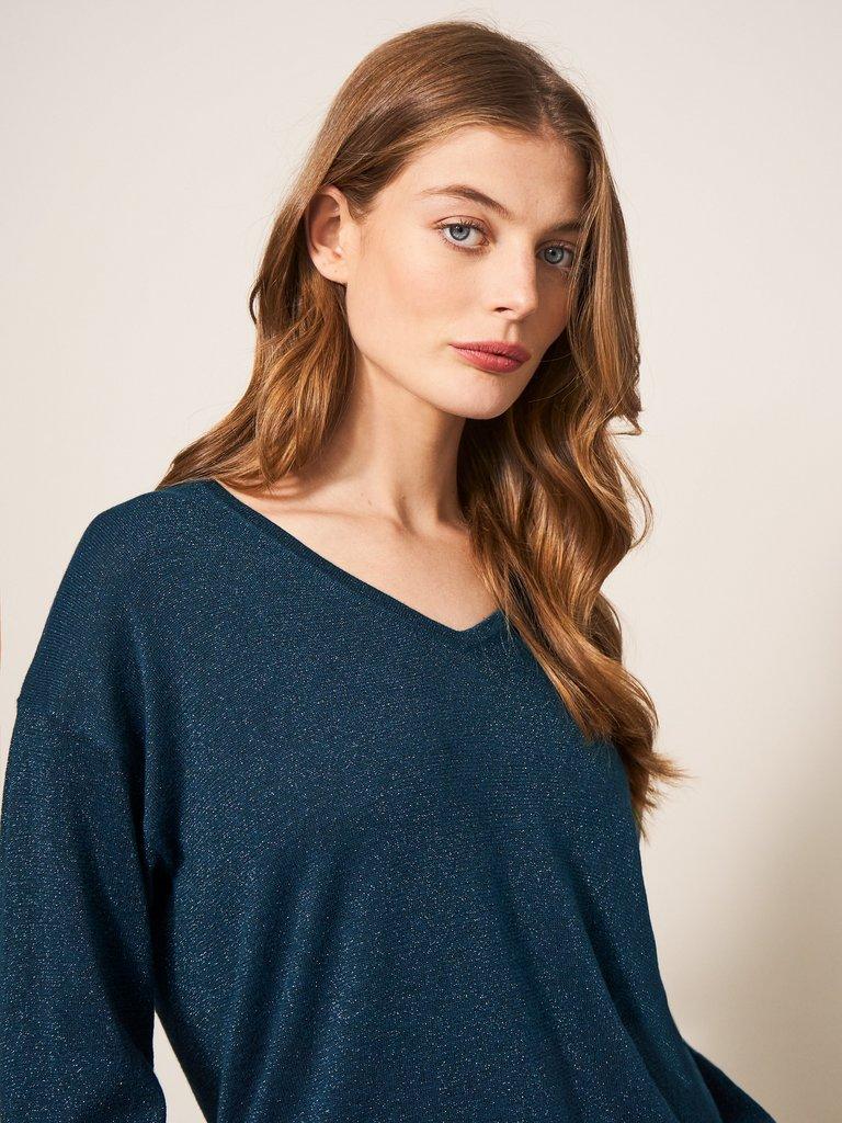 NIGHT SKY V NECK JUMPER in MID TEAL - MODEL FRONT