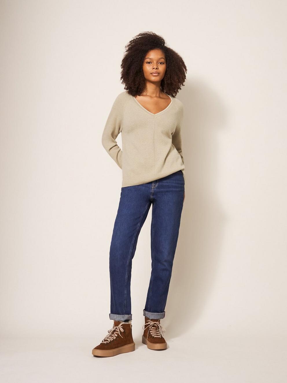 CLARA V NECK CASHMERE JUMPER in NAT MLT - MODEL DETAIL