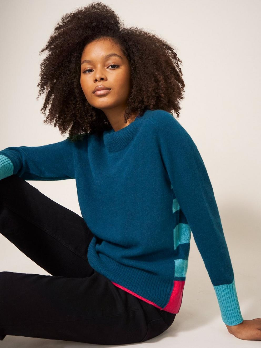 CORA CREW NECK CASHMERE JUMPER in NAVY MULTI - LIFESTYLE