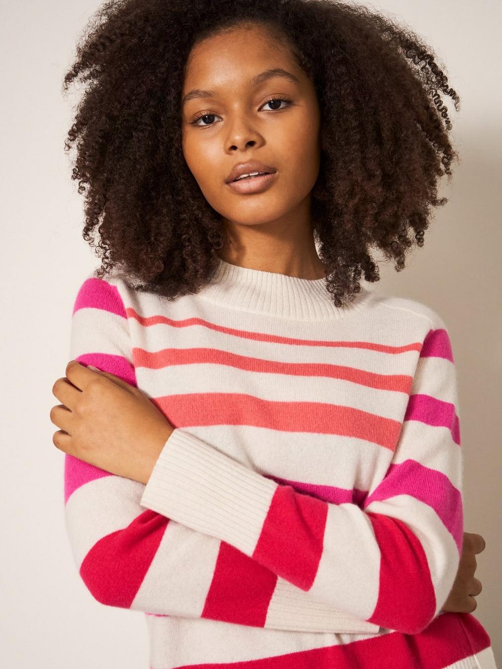 CORA CREW NECK CASHMERE JUMPER in PINK MLT - MODEL FRONT