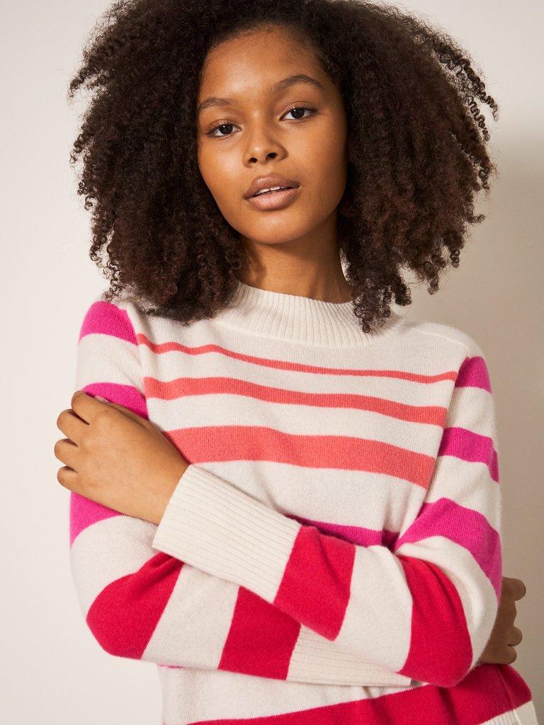 CORA CREW NECK CASHMERE JUMPER in PINK MLT - MODEL FRONT