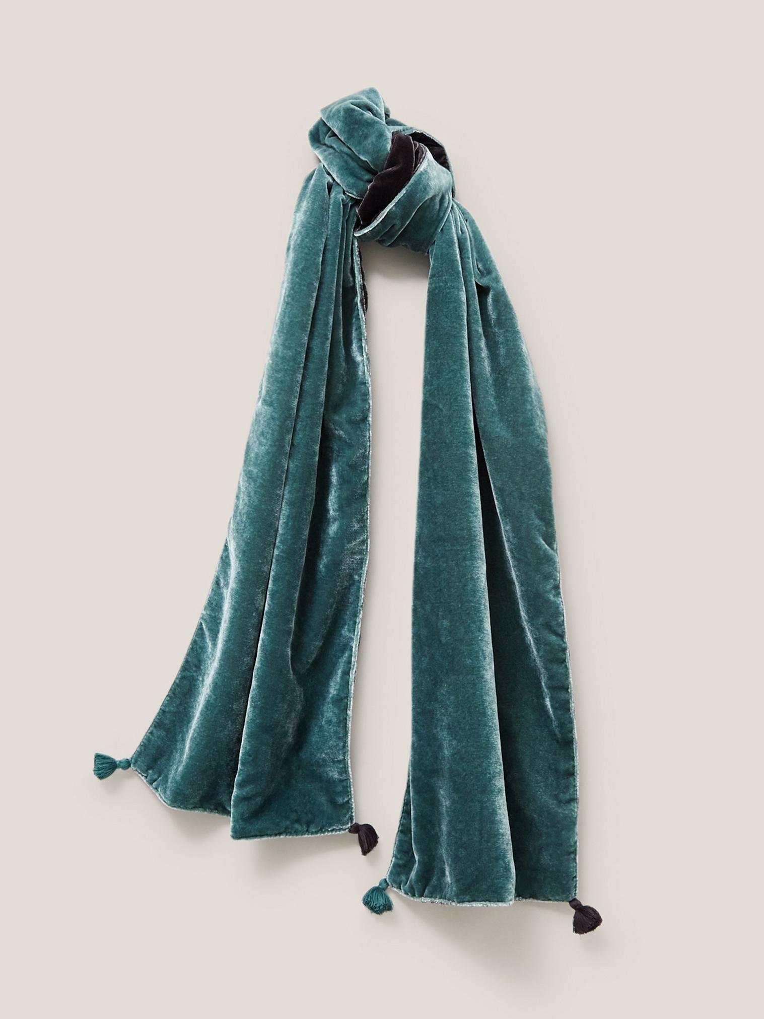 Classic Velvet Scarf in DK TEAL - MODEL FRONT