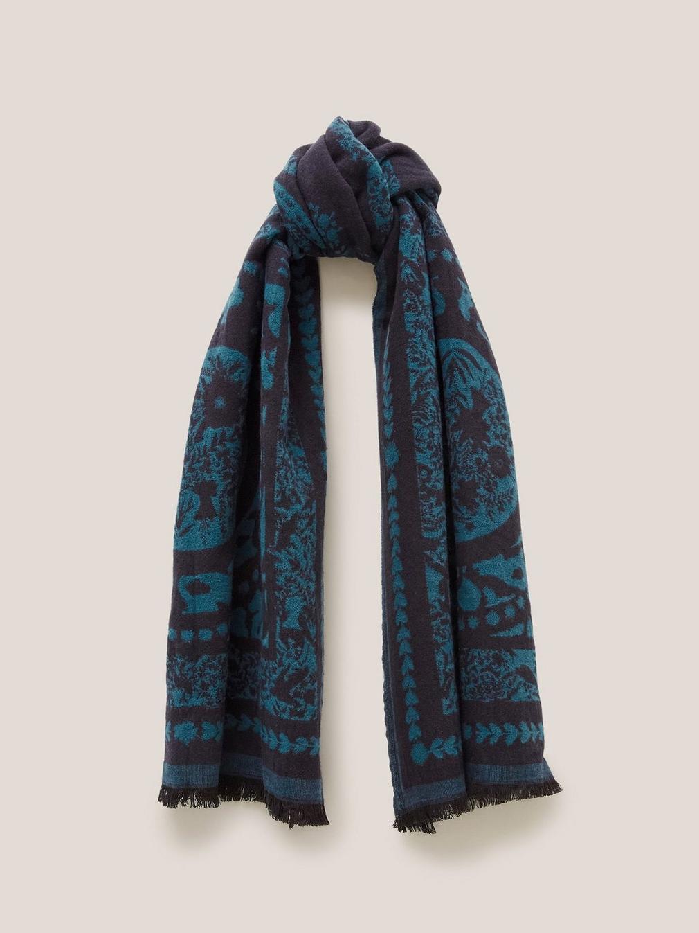 Floral Tile Woven Scarf in BLUE MLT - MODEL FRONT