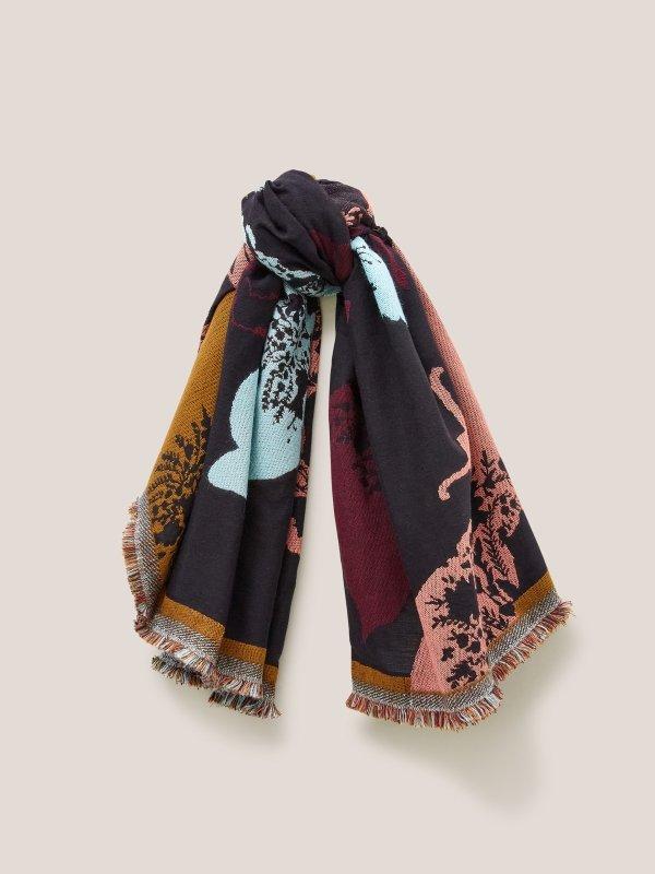 Jacquard Animal Square Scarf in BLK MLT - MODEL FRONT