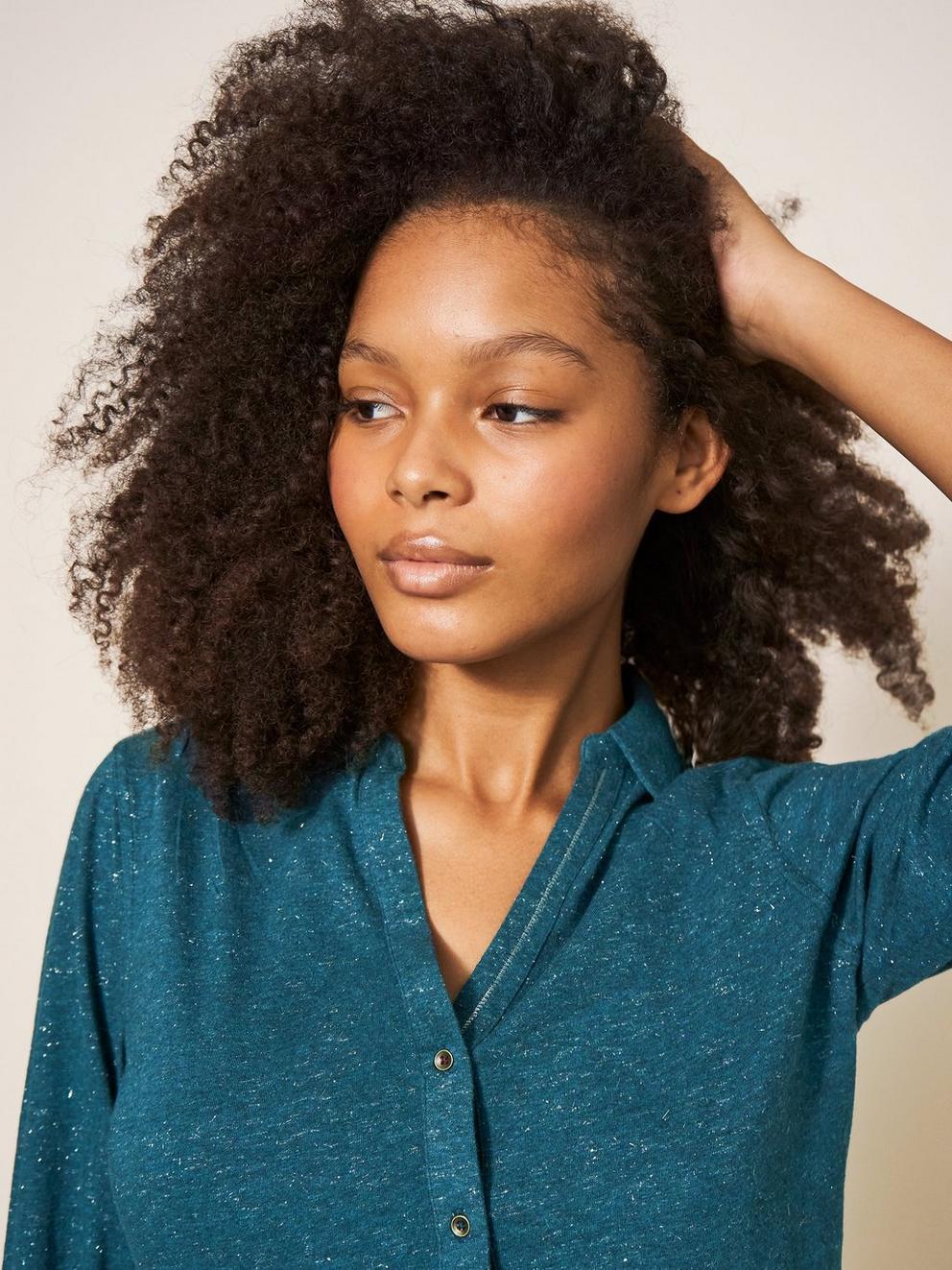 ANNIE SPARKLE SLIM FIT SHIRT in DK TEAL - MODEL DETAIL