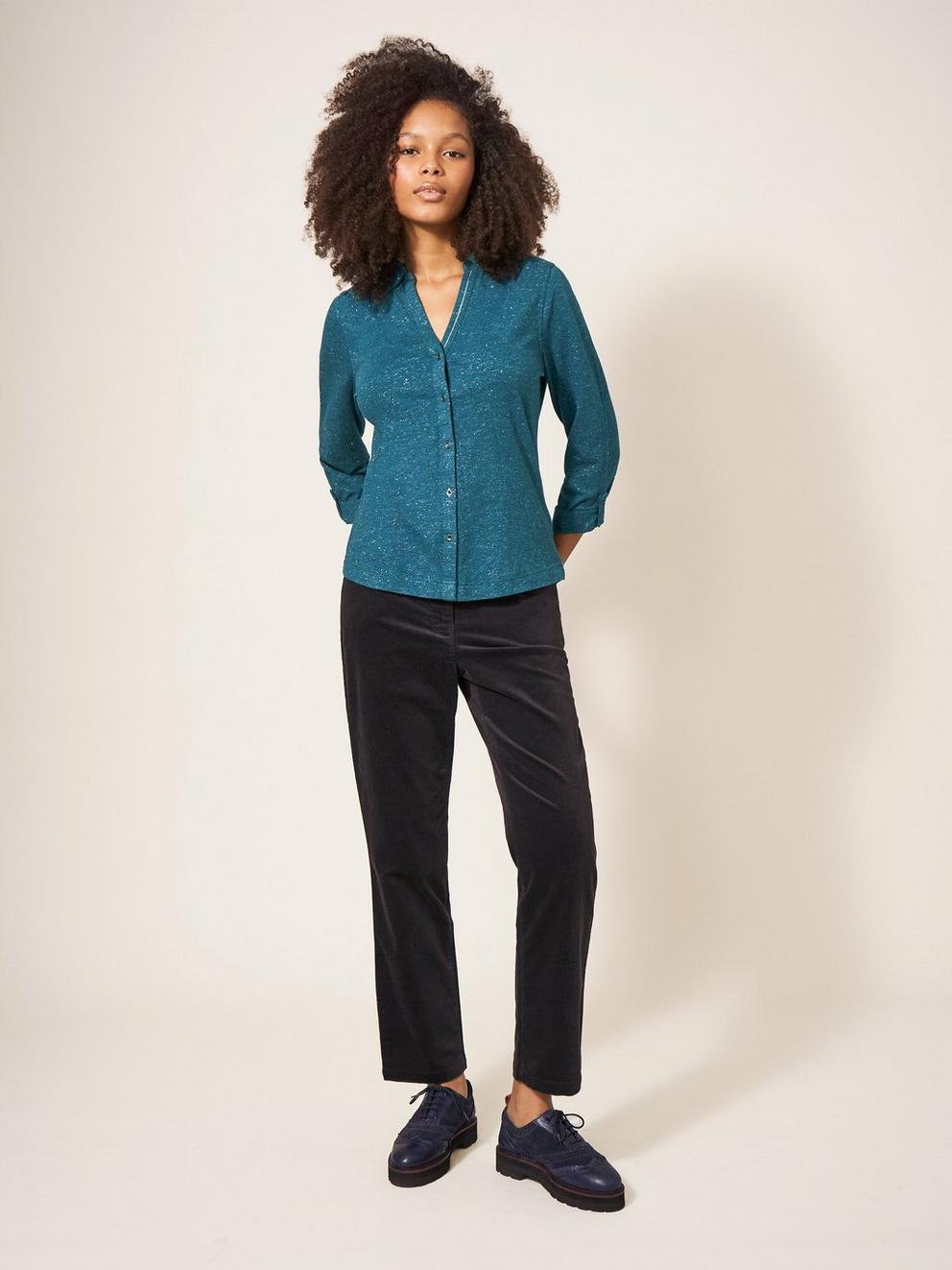 ANNIE SPARKLE SLIM FIT SHIRT in DK TEAL - MODEL FRONT