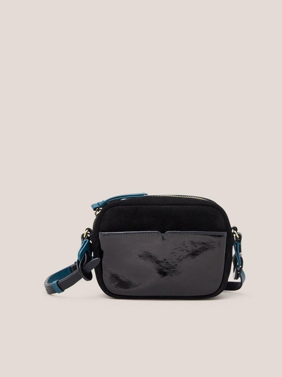 Lexi Patent Mini Camera bag in PURE BLK - MODEL FRONT