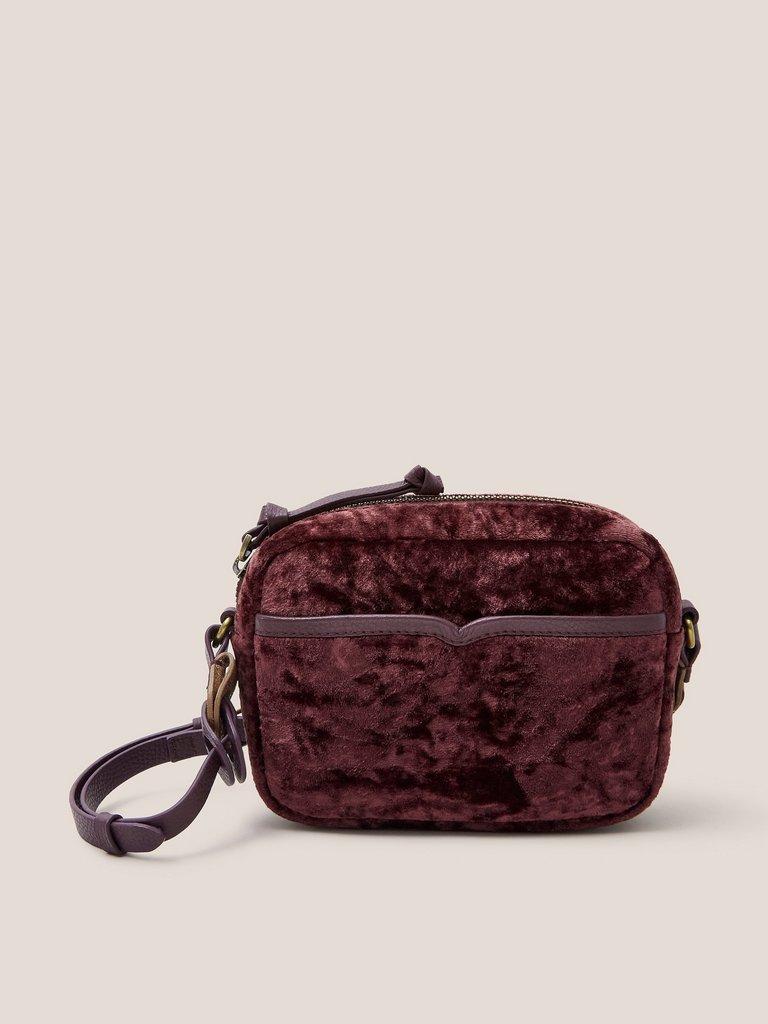 Lexi Velvet Camera bag in DK PLUM - MODEL FRONT
