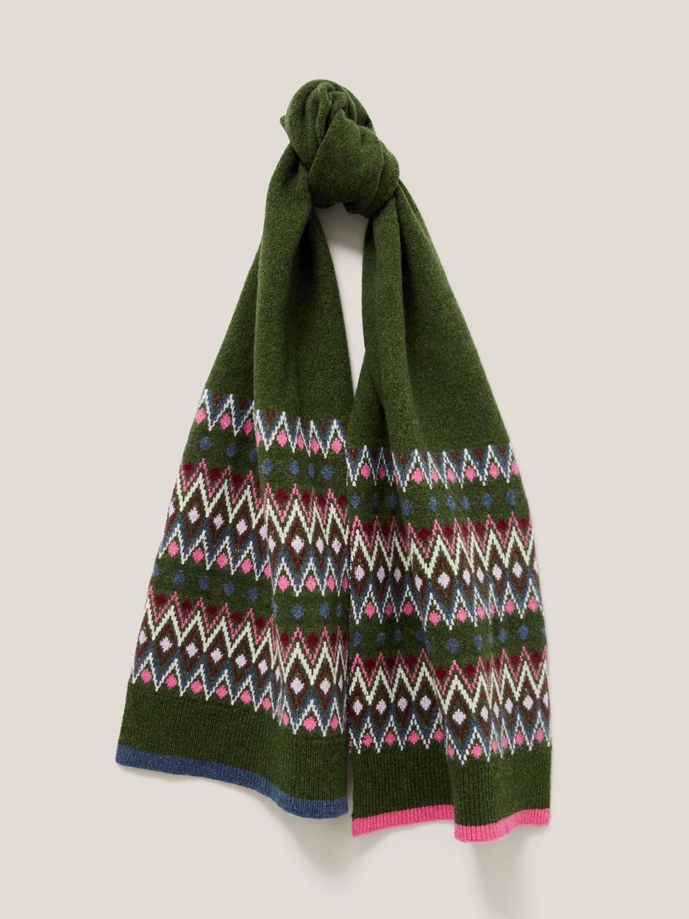 Fairisle Lambswool Scarf in GREEN MLT - MODEL FRONT