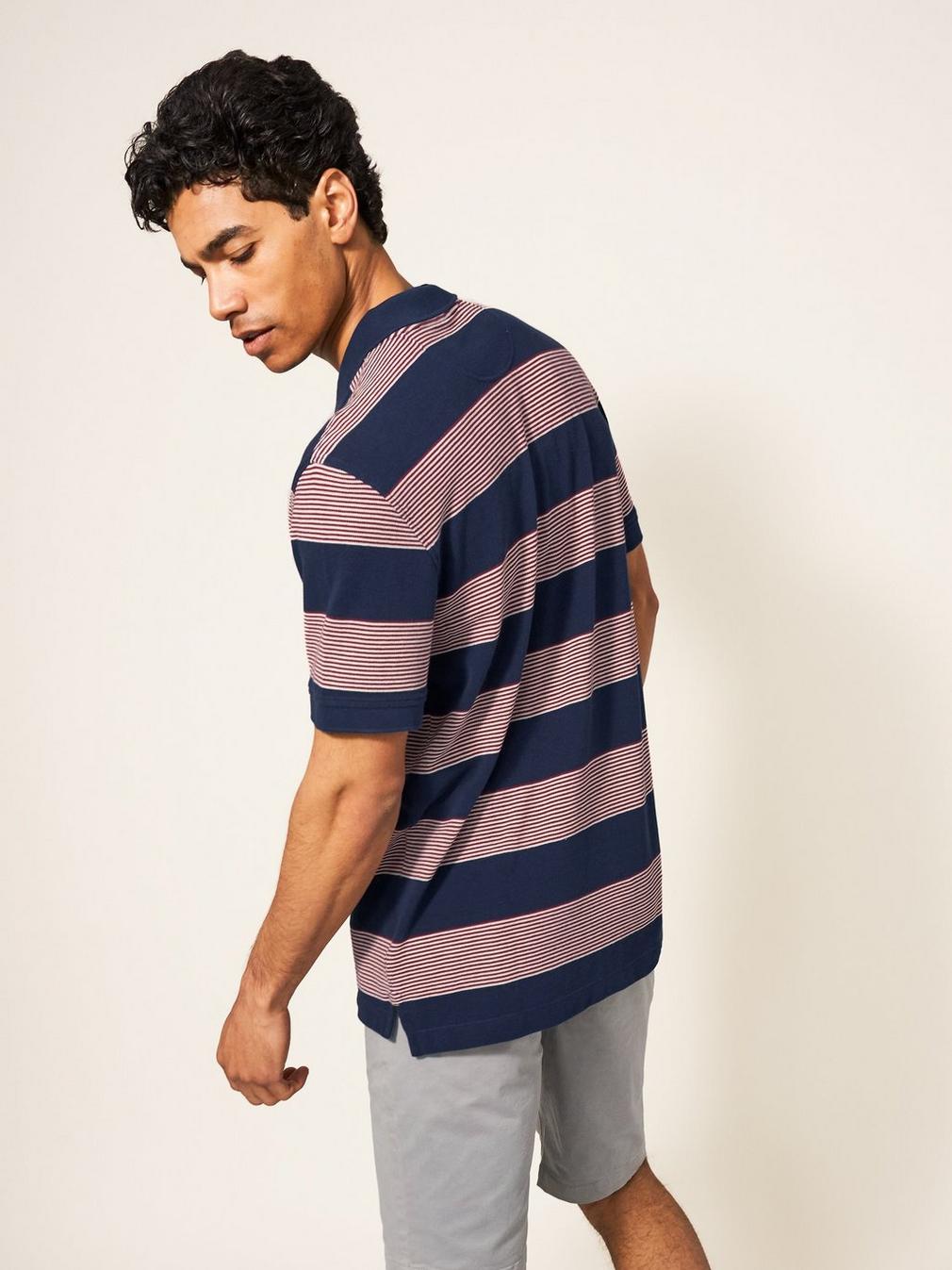 Pique Fine Stripe SS Polo in DARK NAVY - MODEL BACK