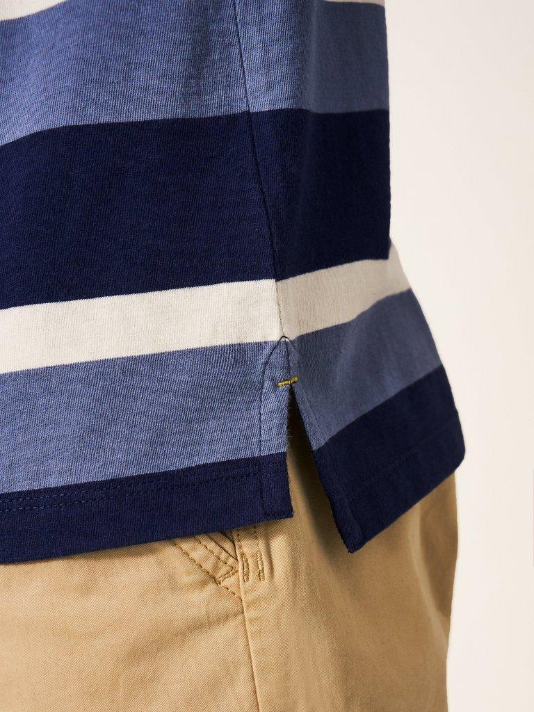 Block Stripe SS Polo in BLUE MLT - MODEL DETAIL