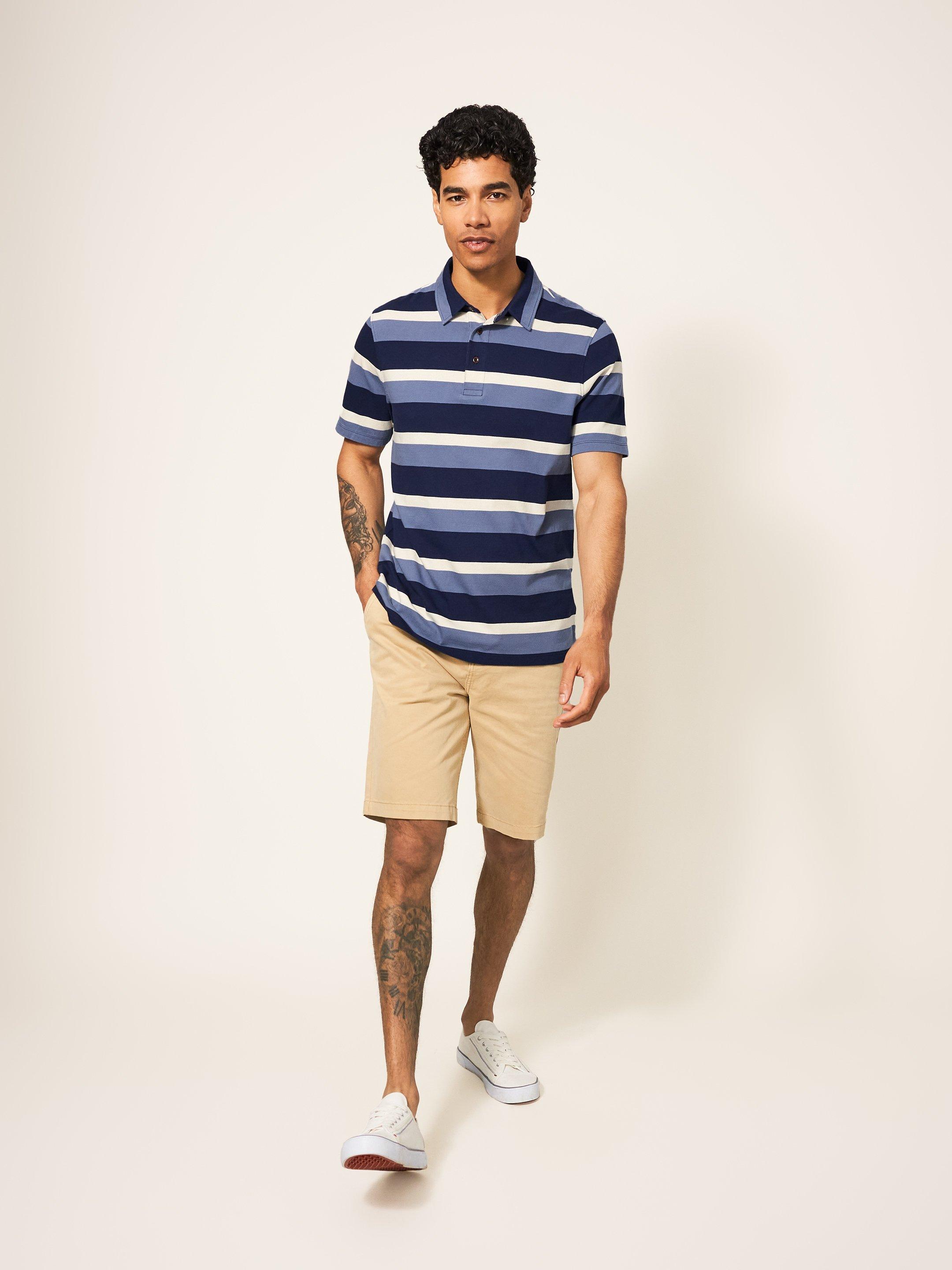 Block Stripe SS Polo in BLUE MLT - MODEL FRONT