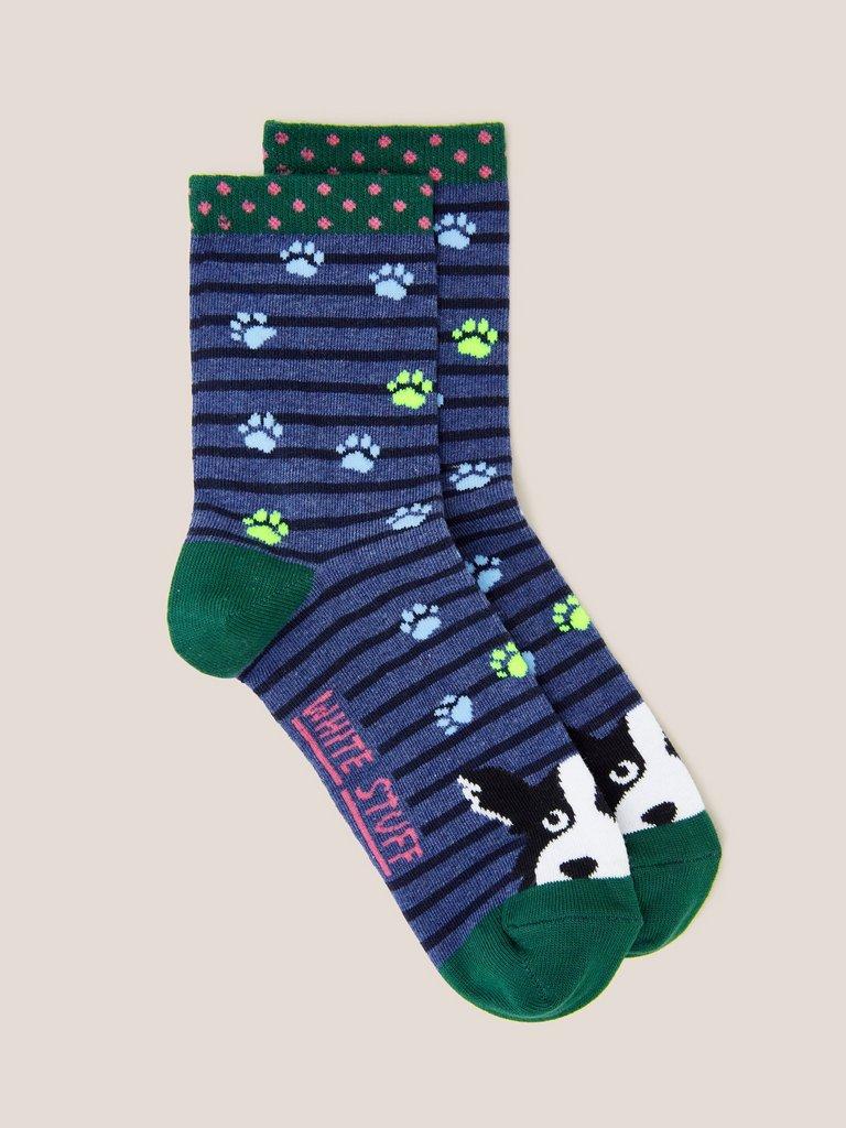 Paw Stripe Dog Ankle Socks in NAVY MULTI - FLAT FRONT