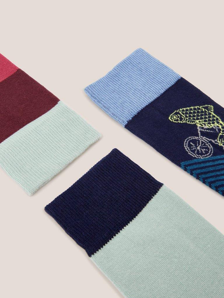 3 Pack Fish Bike Ankle Socks in BLUE MLT - FLAT DETAIL