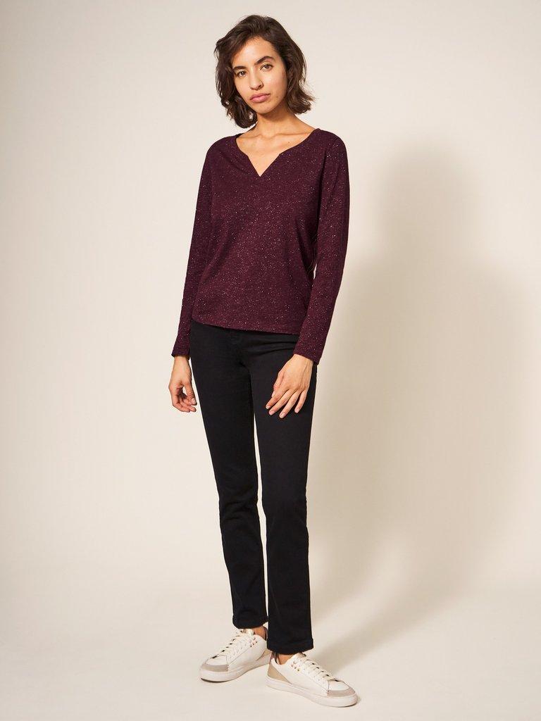 NELLY LS SPARKLE TEE in DK PLUM - MODEL FRONT