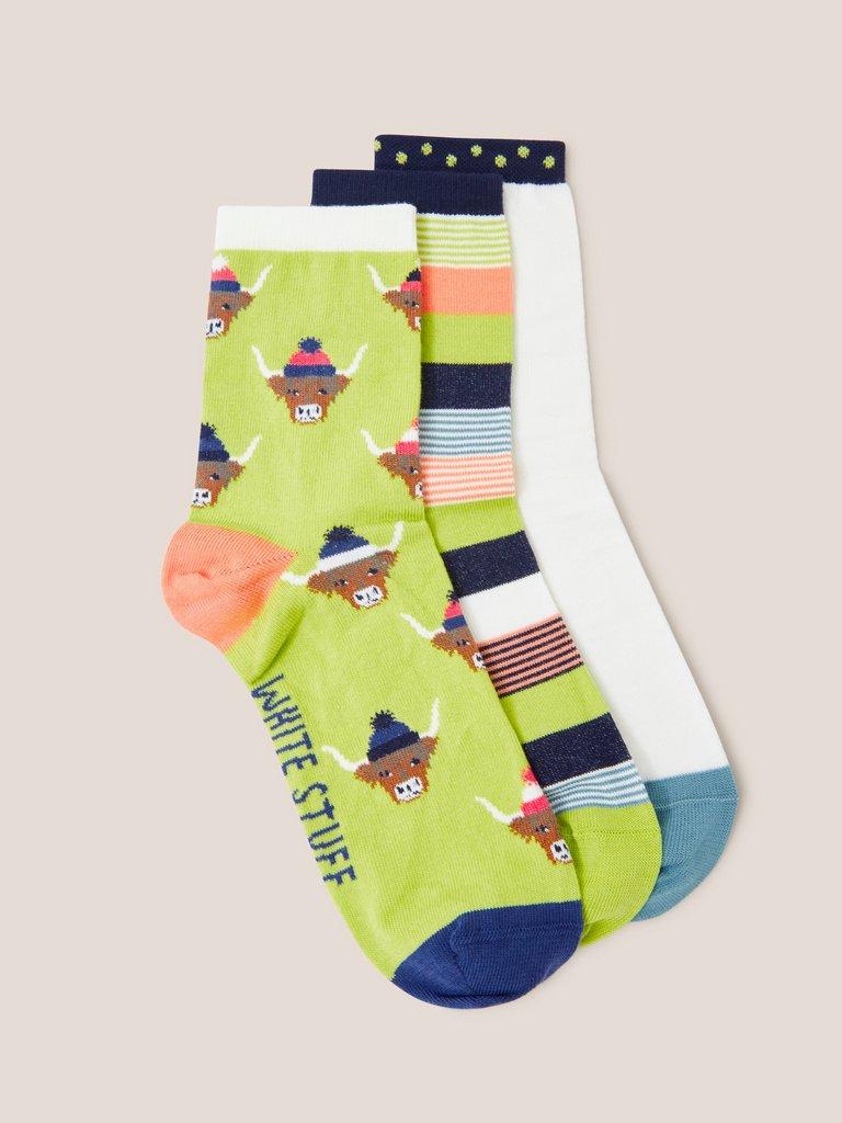 3 Pack Cow Ankle Socks in NAVY MULTI - FLAT FRONT