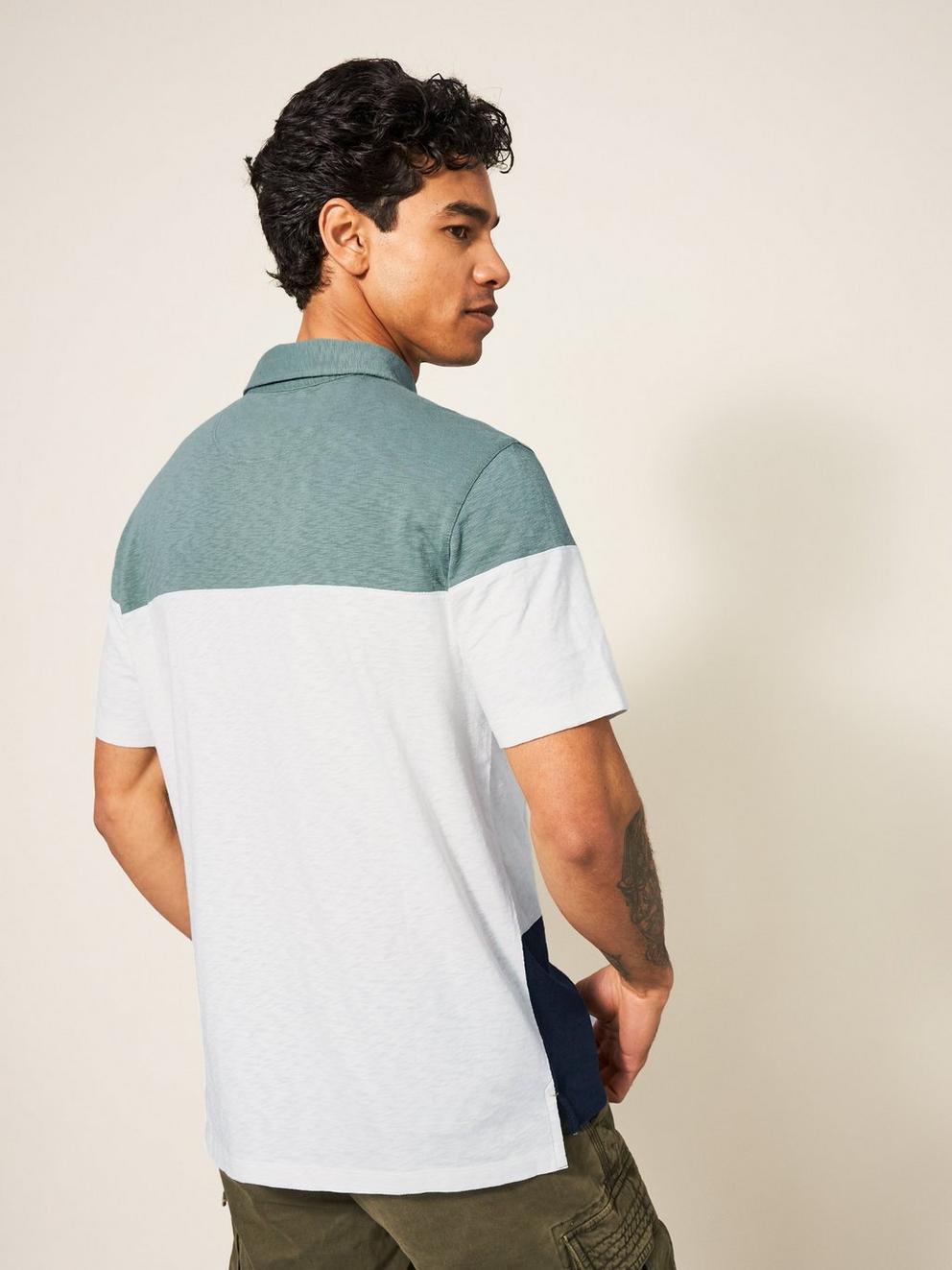 Colourblock SS Polo in GREEN MLT - MODEL BACK