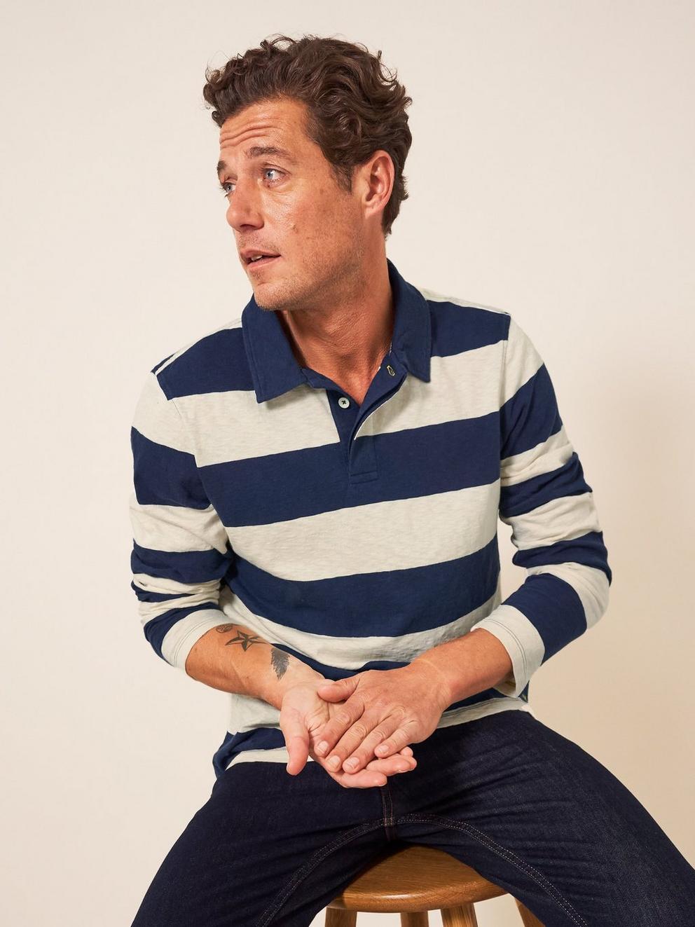 Block Stripe LS Polo in IVORY MLT - LIFESTYLE