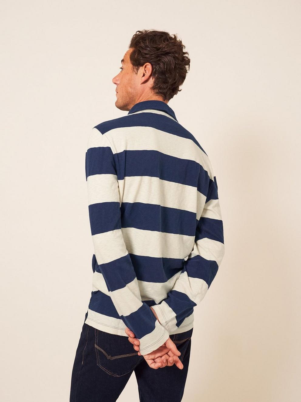 Block Stripe LS Polo in IVORY MLT - MODEL BACK