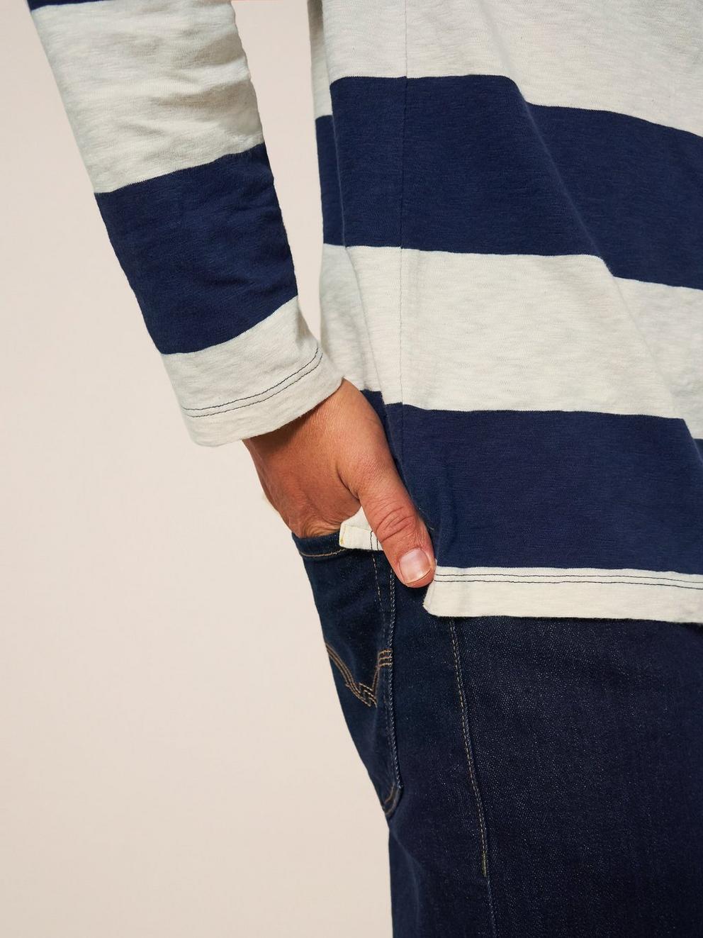 Block Stripe LS Polo in IVORY MLT - MODEL DETAIL