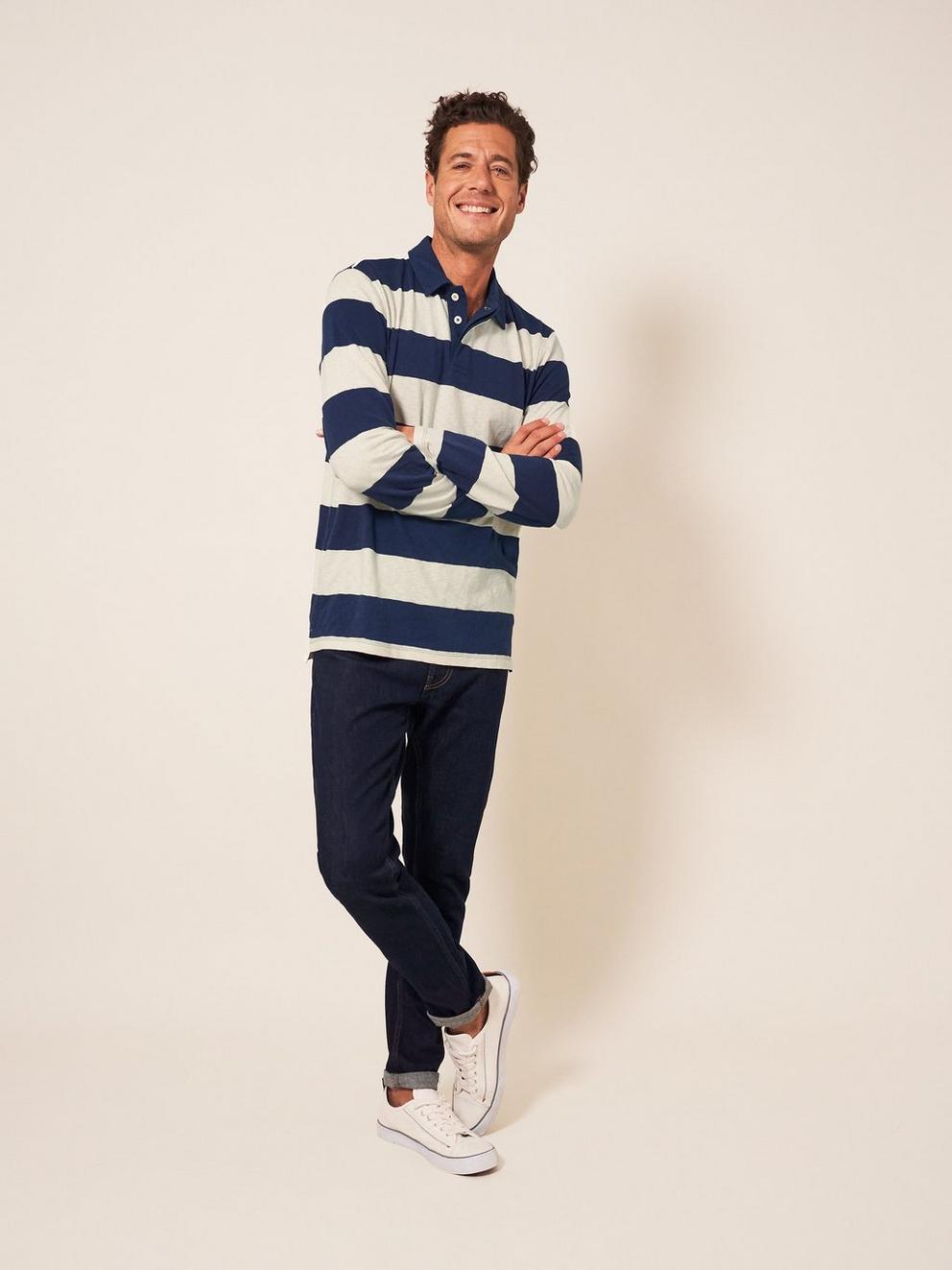 Block Stripe LS Polo in IVORY MLT - MODEL FRONT