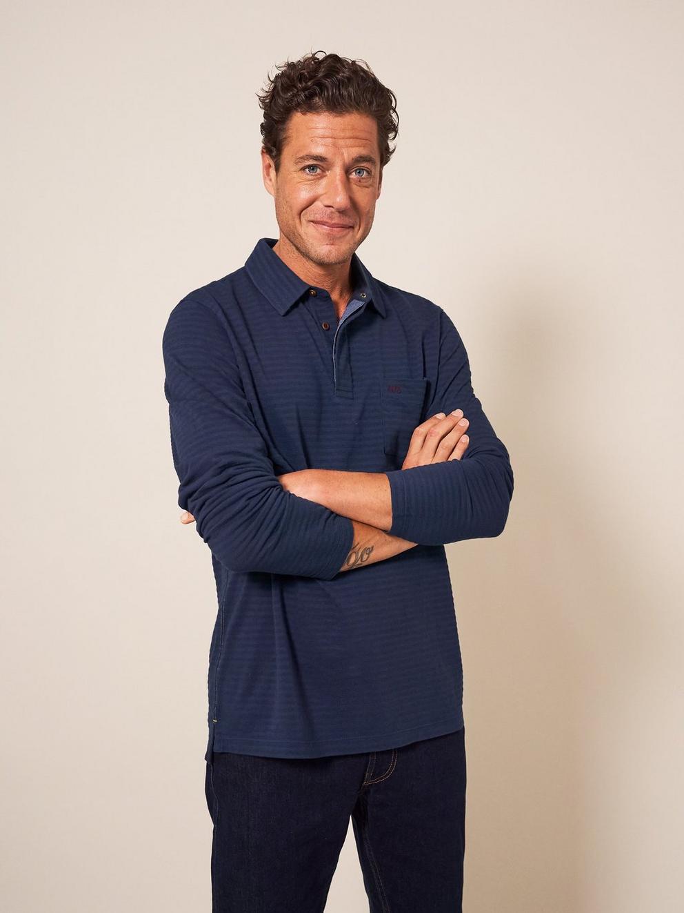 Pique Texture Stripe LS Polo in DARK NAVY - LIFESTYLE