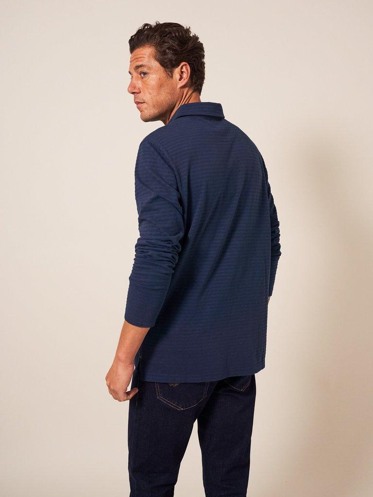 Pique Texture Stripe LS Polo in DARK NAVY - MODEL BACK